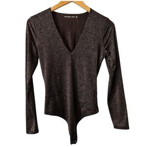 Abercrombie & Fitch Metallic Long Sleeve V-Neck Bodysuit Black Bronze Medium